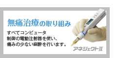 無痛治療の取り組み　すべてコンピュータ制御の殿堂注射器を使い、痛みの少ない麻酔を行います。